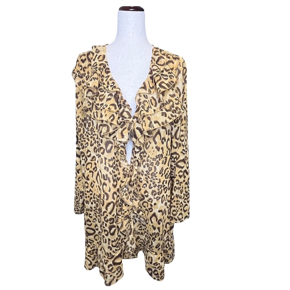 Vtg Antthony Leopard Print Ruffle Front‎ Cardigan Kimono Plus 1X Statement Piece